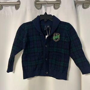 NWT Janie and Jack Navy Plaid Cardigan with Crest